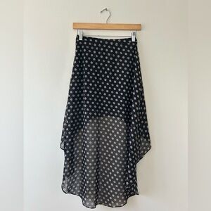 High waist, A-line, black and brown polka dot, high low, chiffon skirt